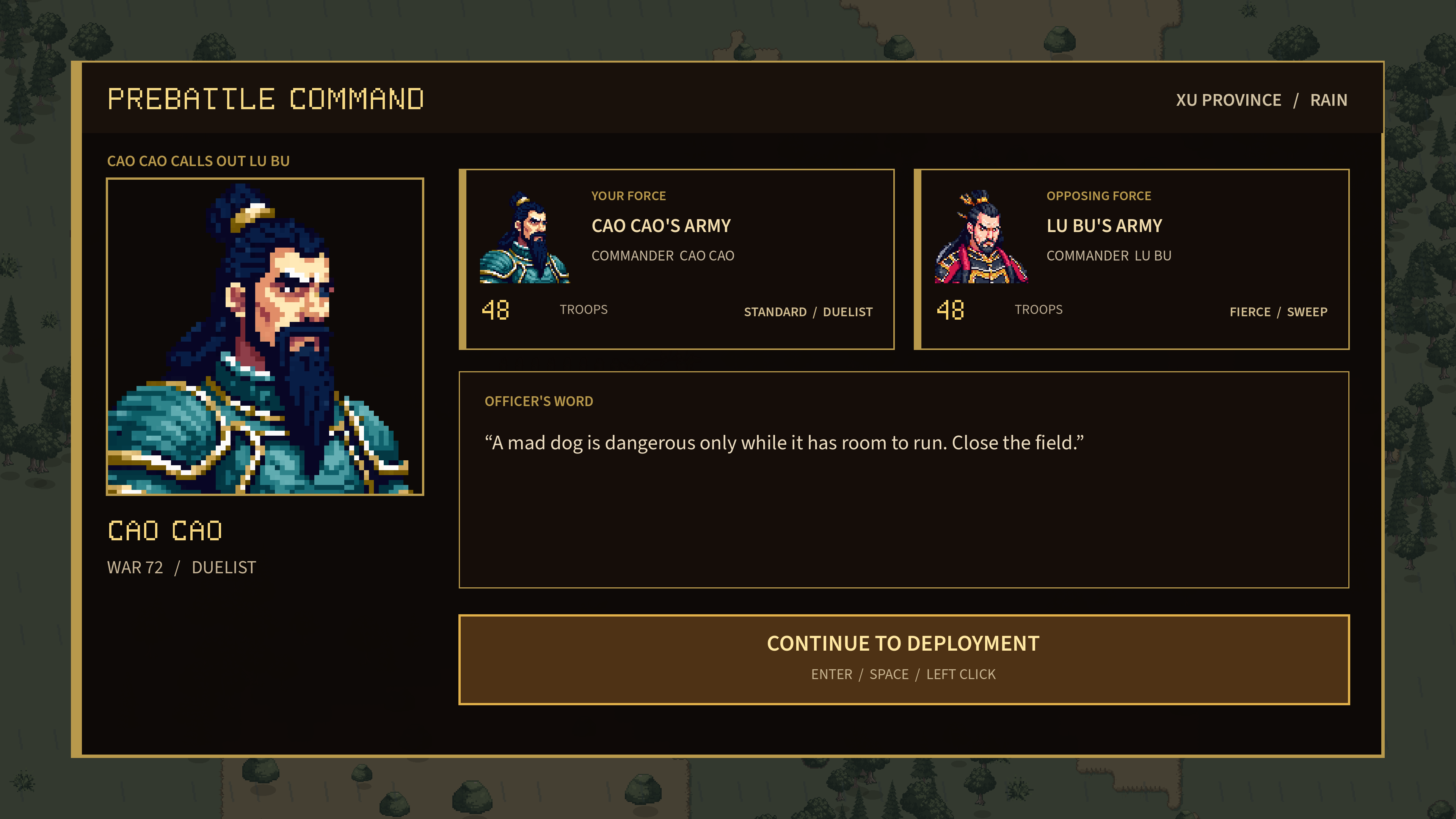 Pre-battle rivalry dialogue before field engagement