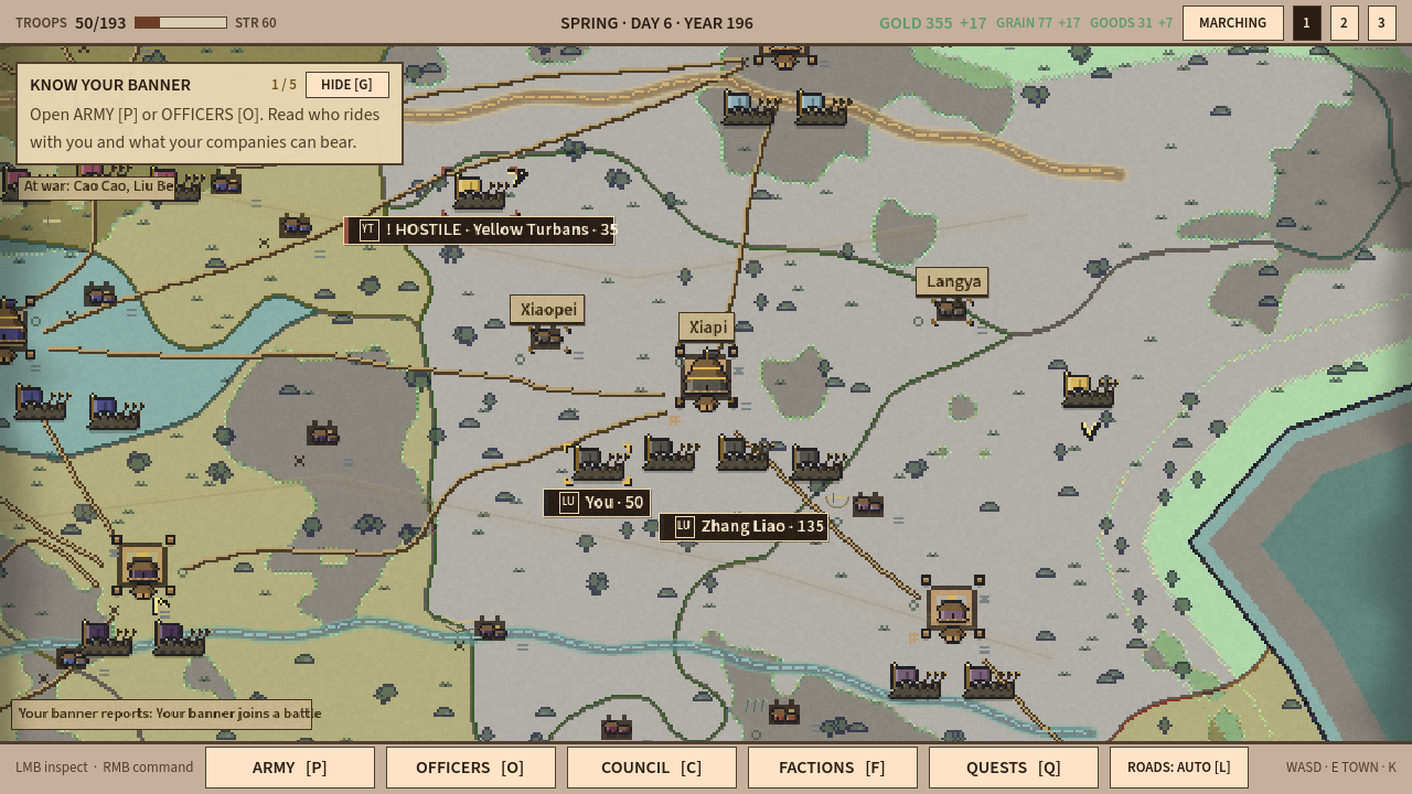 In-game campaign map showing settlements and marching banners near Xiapi